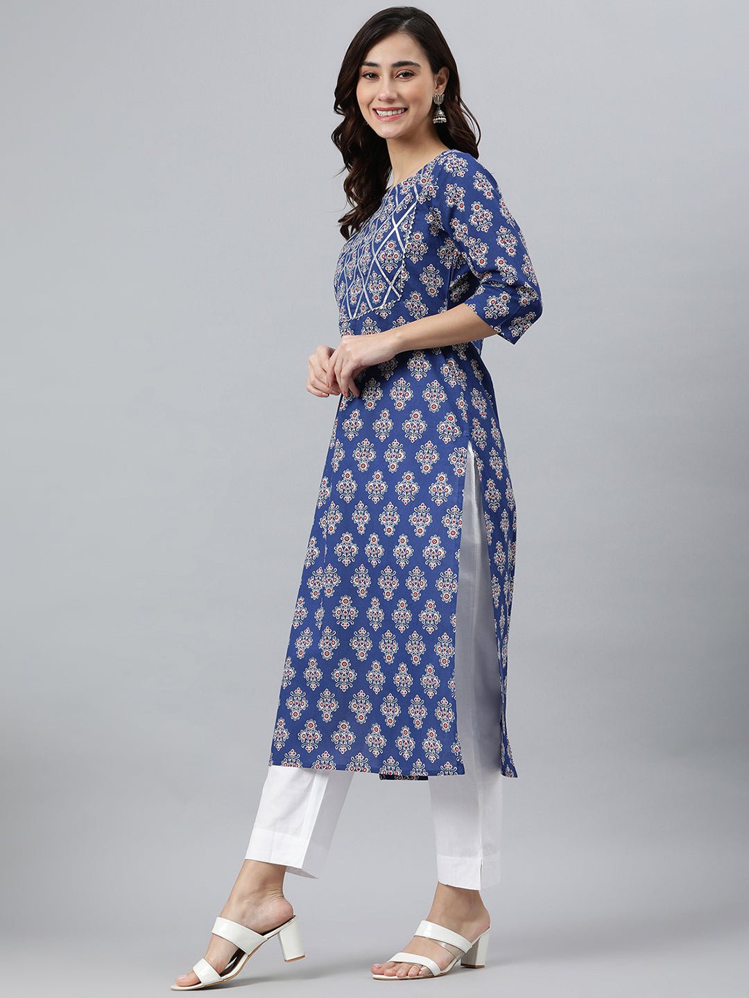 Blue Floral Print Cotton Kurta - DWEEP SARA