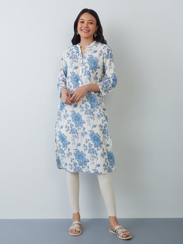 Blue Floral Printed Straight Kurta - DWEEP SARA