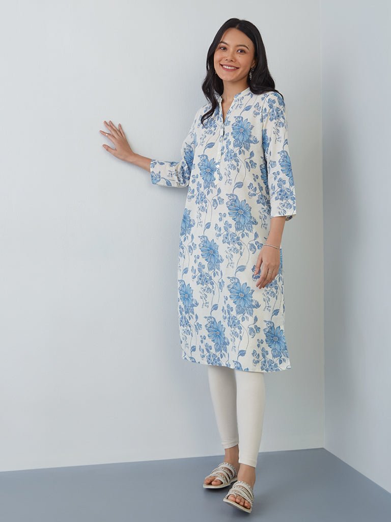 Blue Floral Printed Straight Kurta - DWEEP SARA