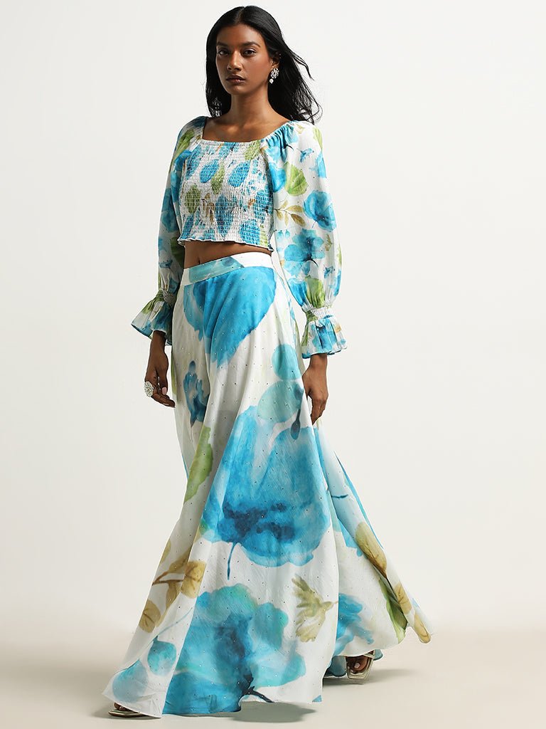 Blue Floral Smocked Top and Skirt Set - DWEEP SARA