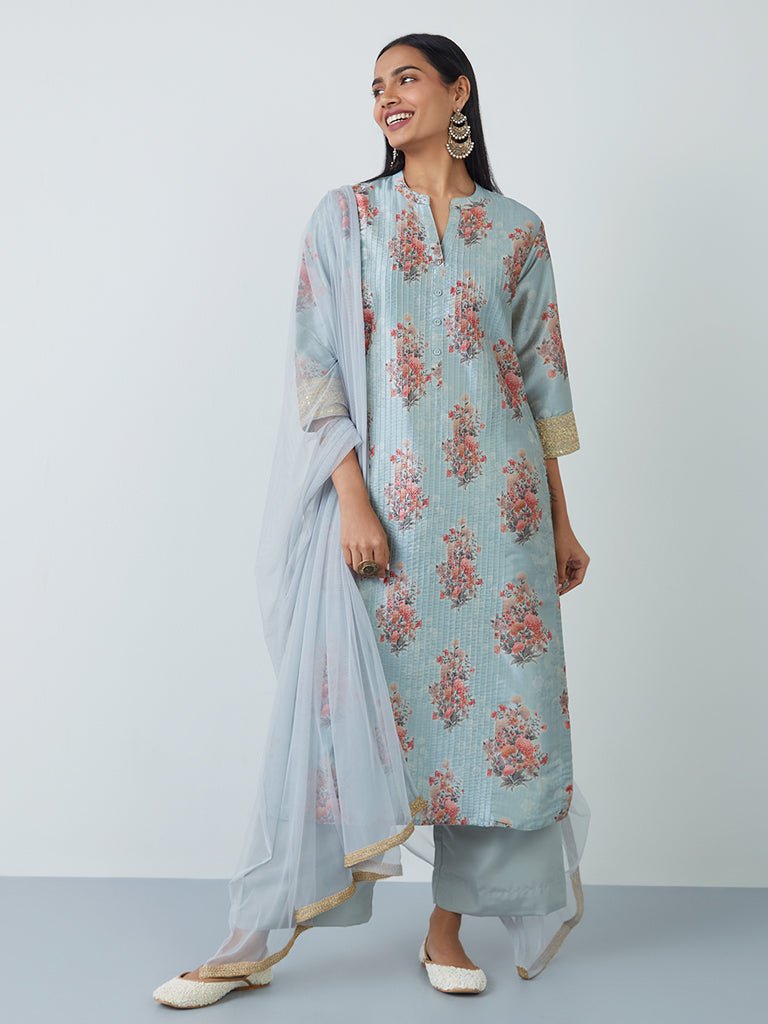 Blue Floral Suit Set - DWEEP SARA