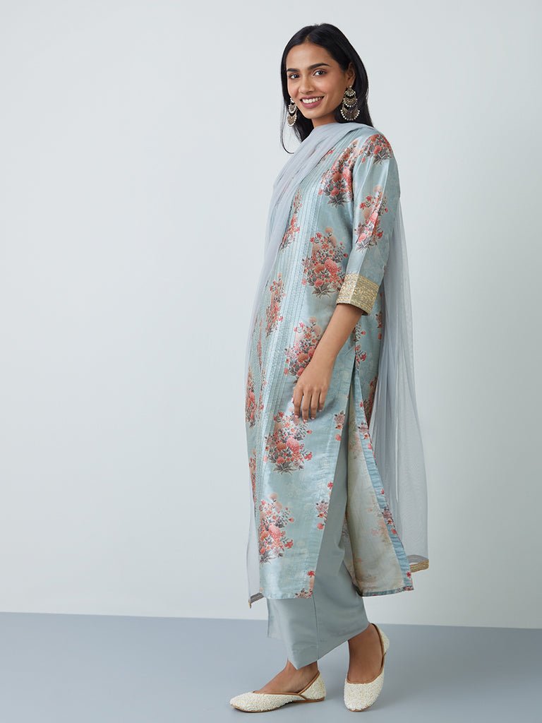 Blue Floral Suit Set - DWEEP SARA