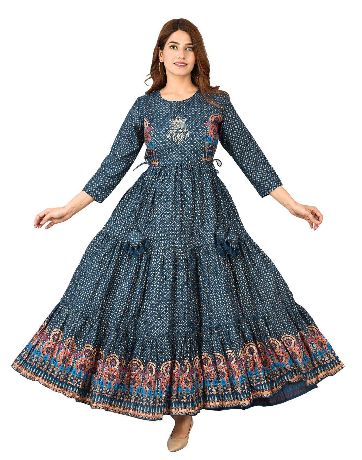 Blue Front Embroidery Ethnic Dress - DWEEP SARA