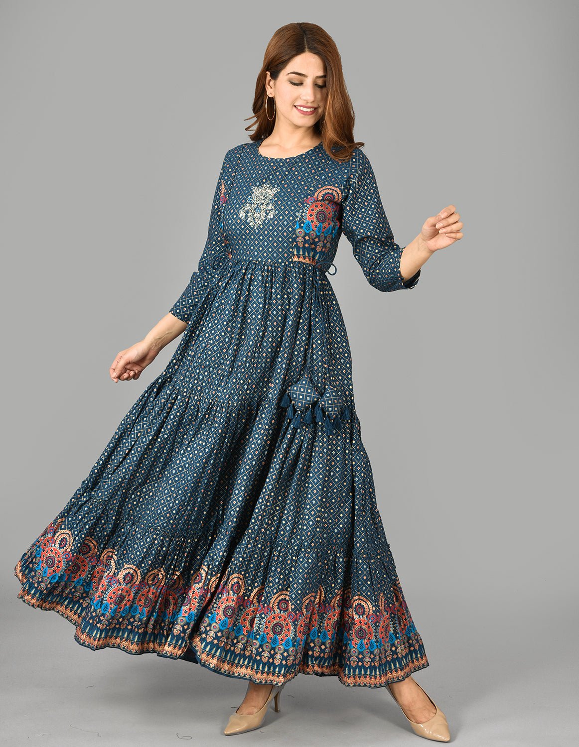 Blue Front Embroidery Ethnic Dress - DWEEP SARA