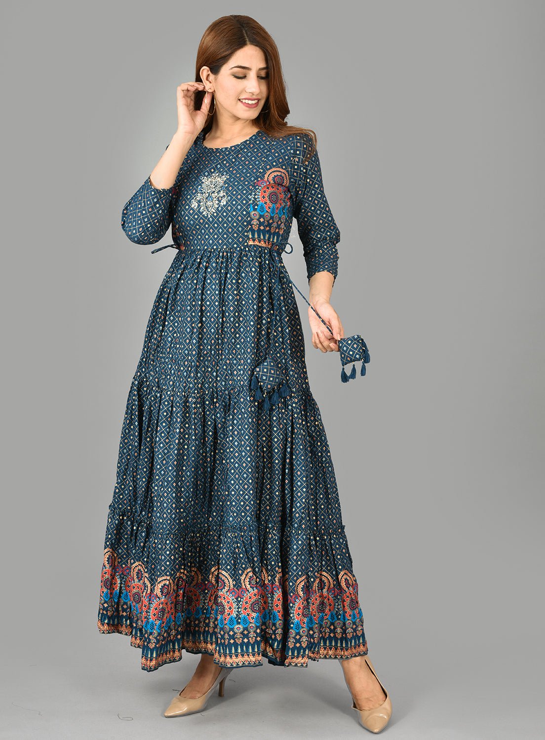 Blue Front Embroidery Ethnic Dress - DWEEP SARA