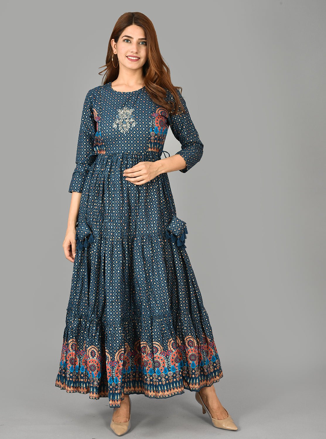 Blue Front Embroidery Ethnic Dress - DWEEP SARA