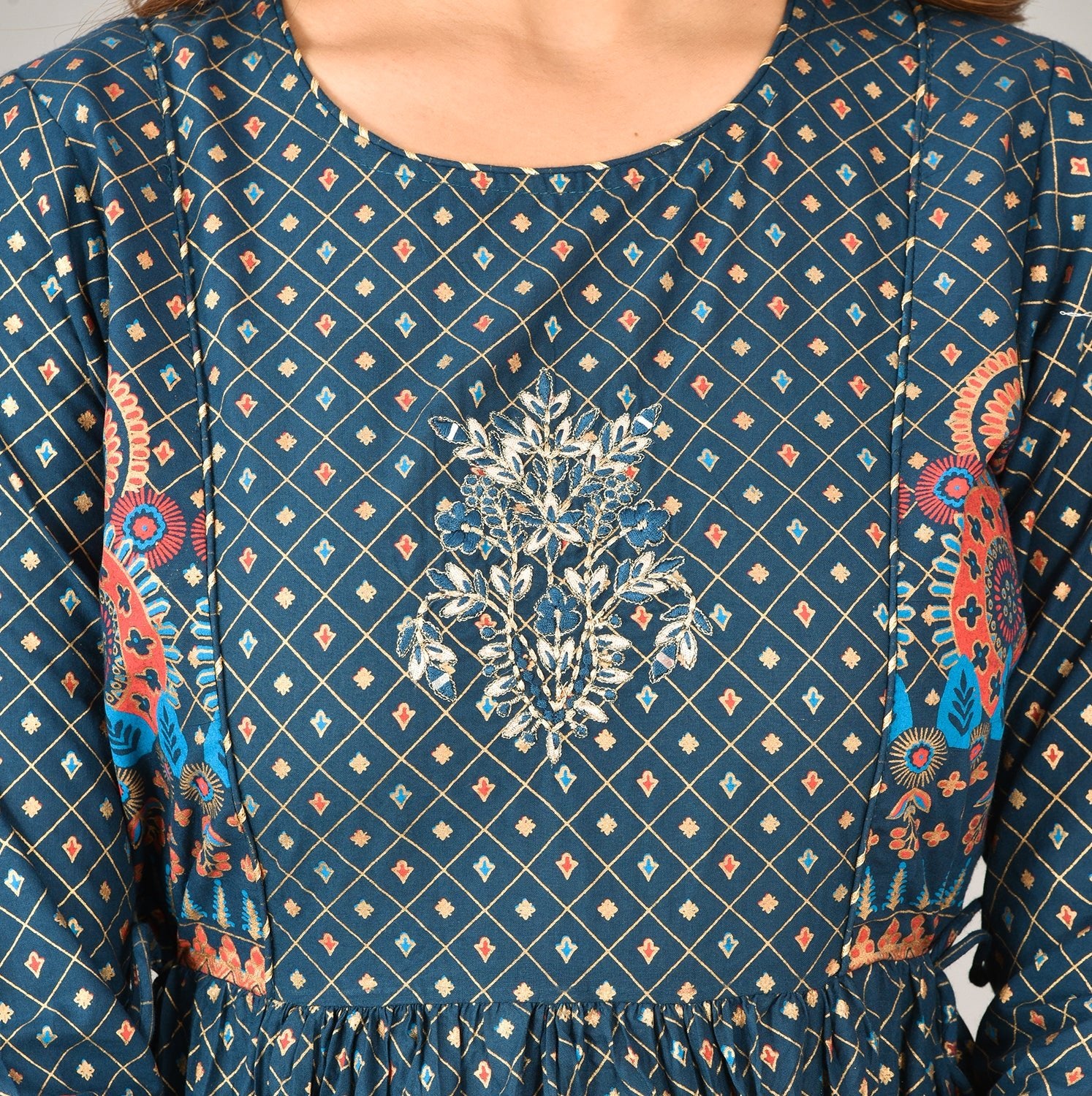 Blue Front Embroidery Ethnic Dress - DWEEP SARA