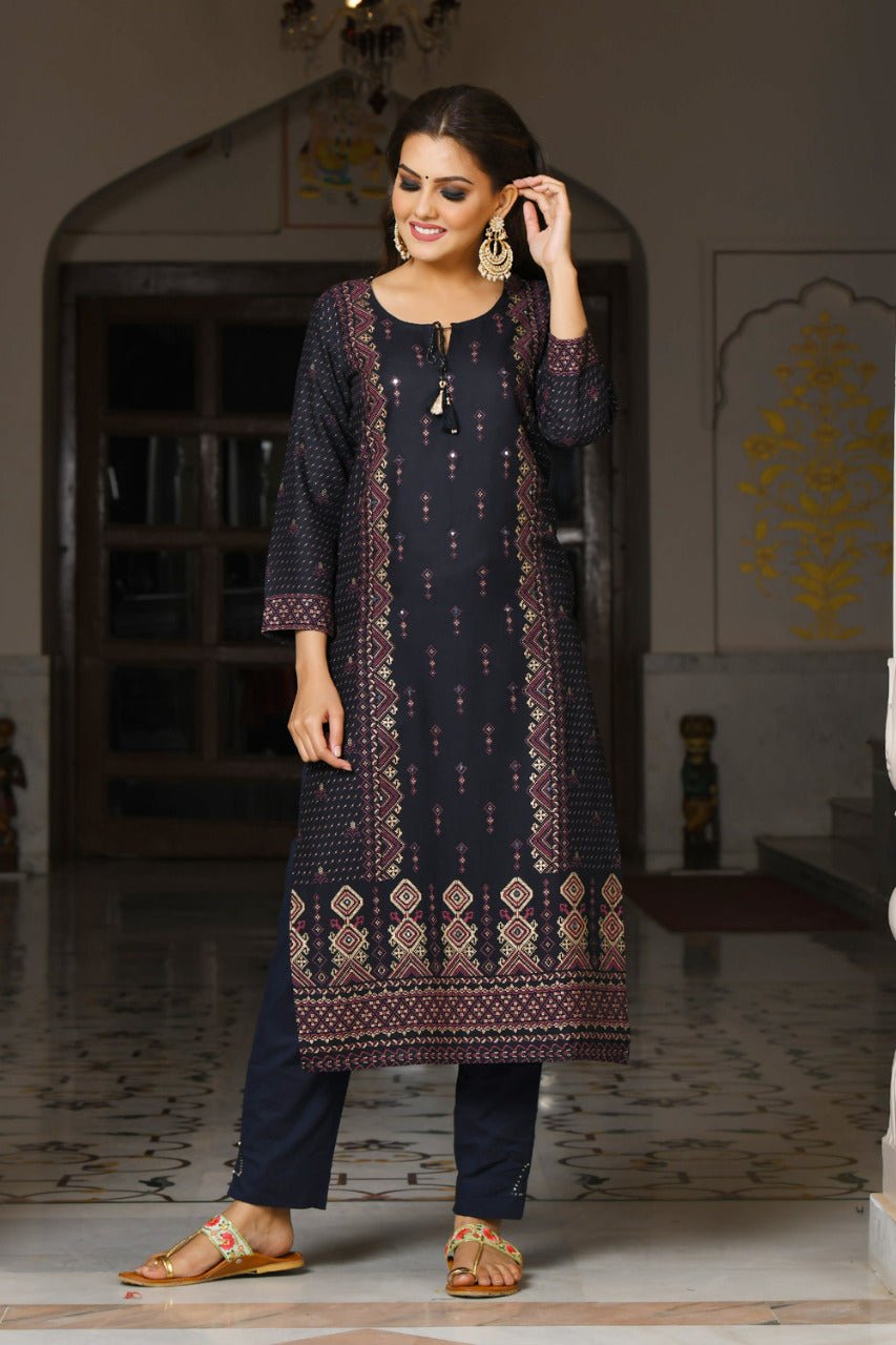 BLUE GOLD PRINTED KURTA SET - DWEEP SARA