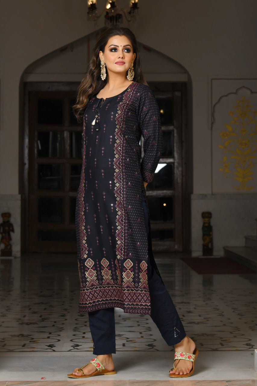 BLUE GOLD PRINTED KURTA SET - DWEEP SARA