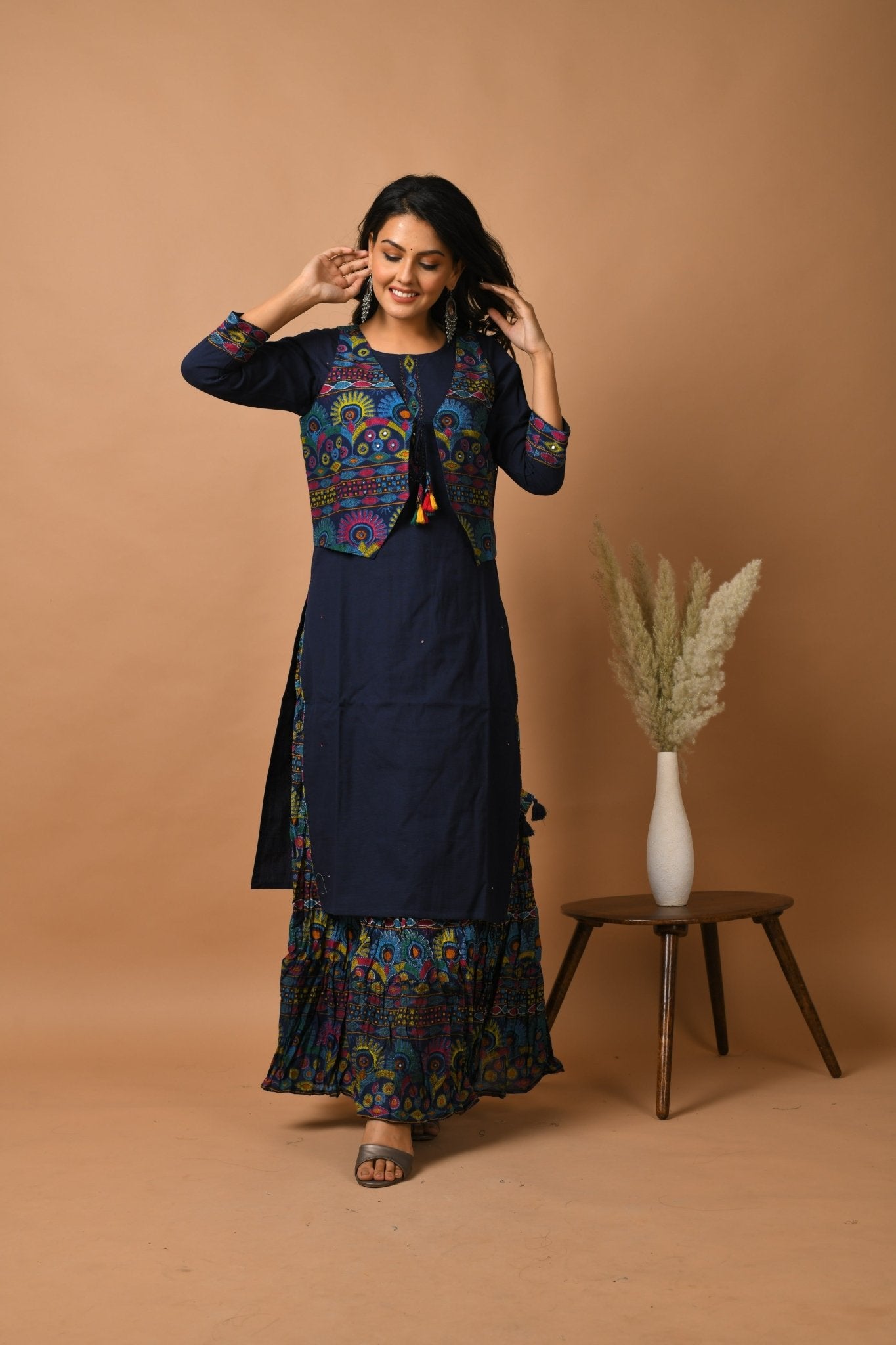 BLUE KUTCH WORK JACKET KURTA SKIRT SET - DWEEP SARA