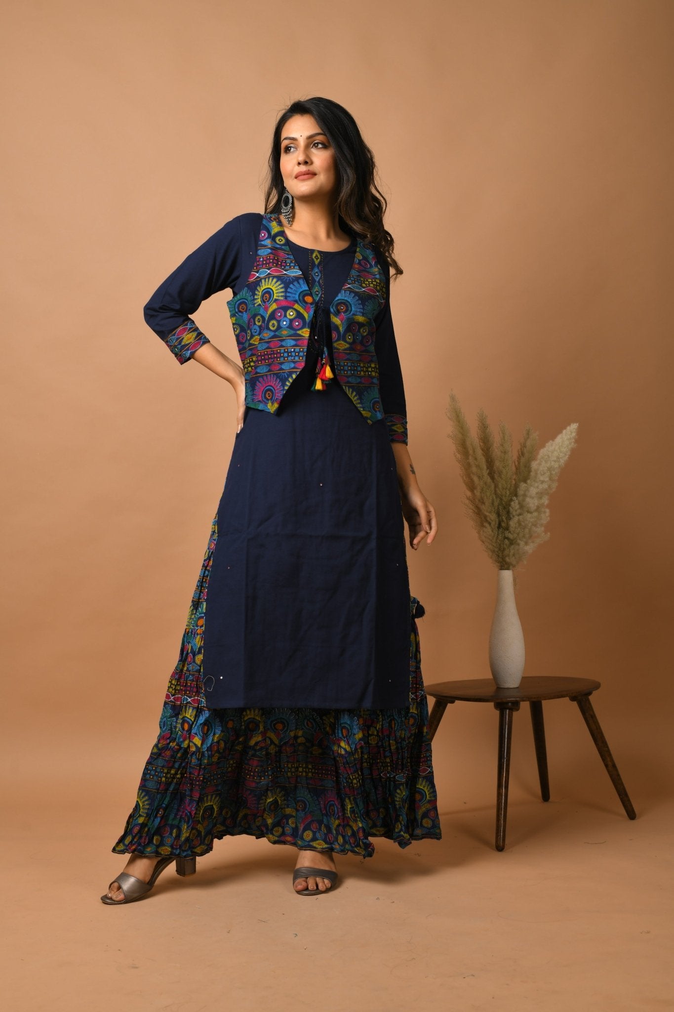 BLUE KUTCH WORK JACKET KURTA SKIRT SET - DWEEP SARA