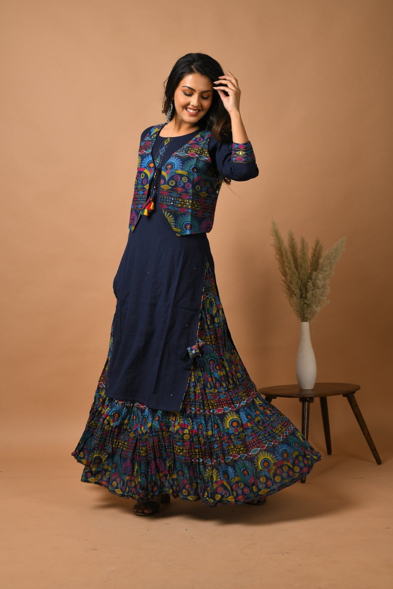 BLUE KUTCH WORK JACKET KURTA SKIRT SET - DWEEP SARA