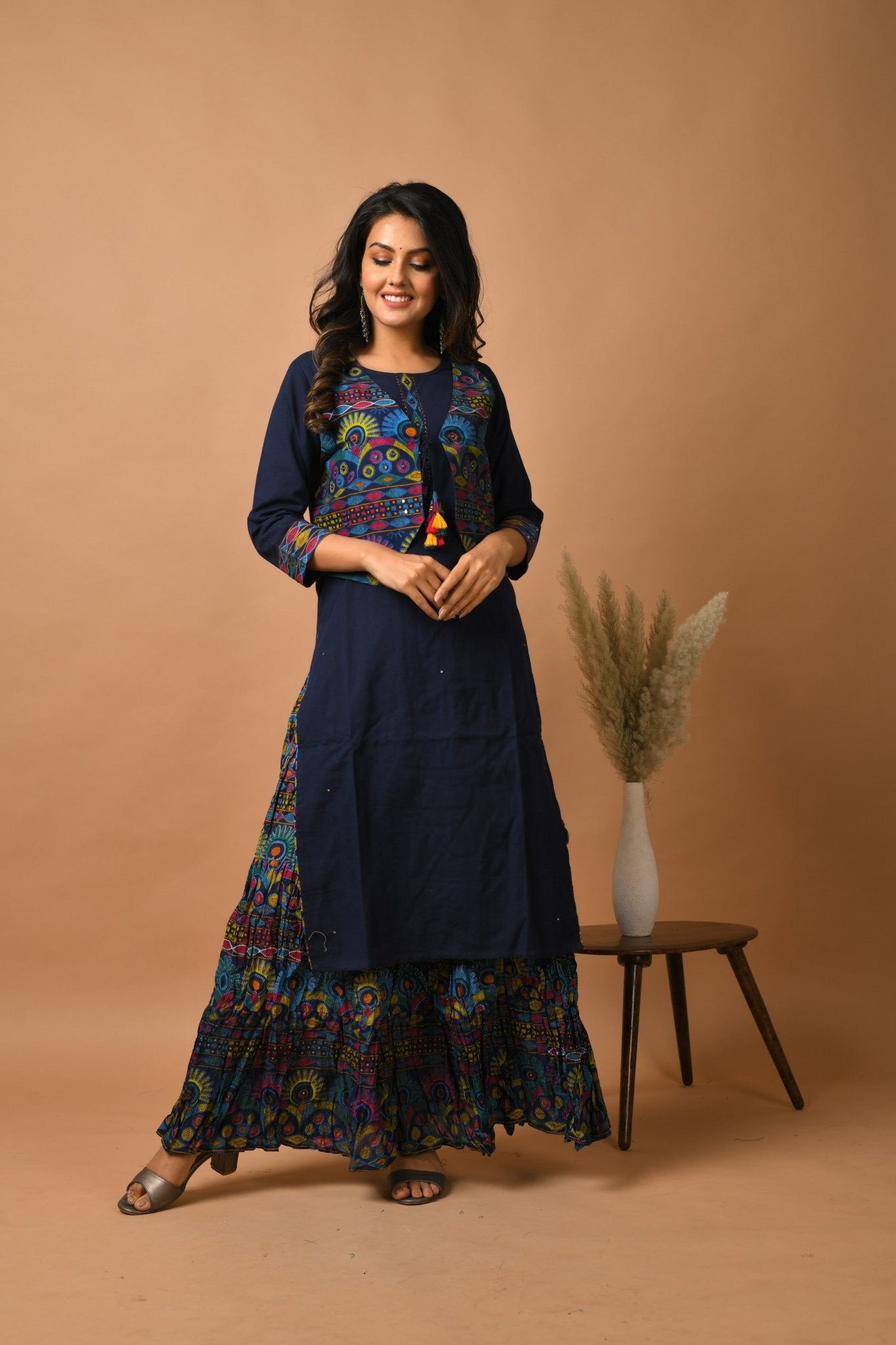 BLUE KUTCH WORK JACKET KURTA SKIRT SET - DWEEP SARA