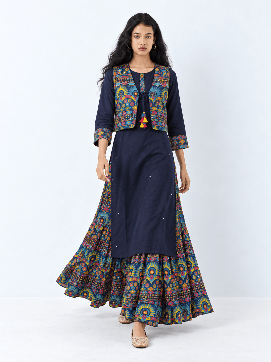 BLUE KUTCH WORK JACKET KURTA SKIRT SET - DWEEP SARA