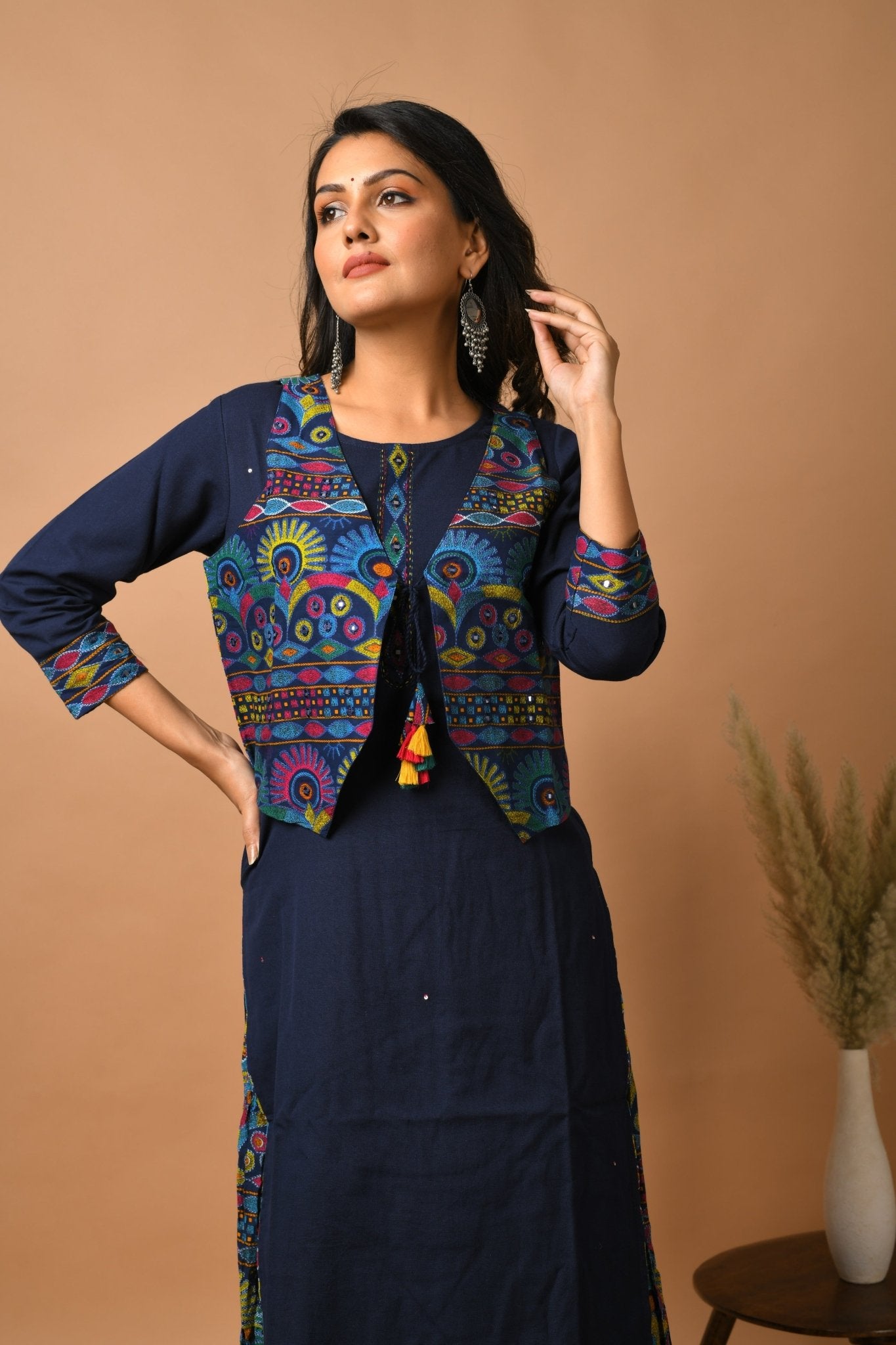 BLUE KUTCH WORK JACKET KURTA SKIRT SET - DWEEP SARA