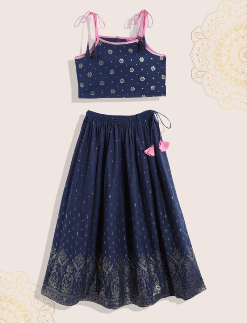 Blue Printed Cotton Kids Lehenga Set - DWEEP SARA