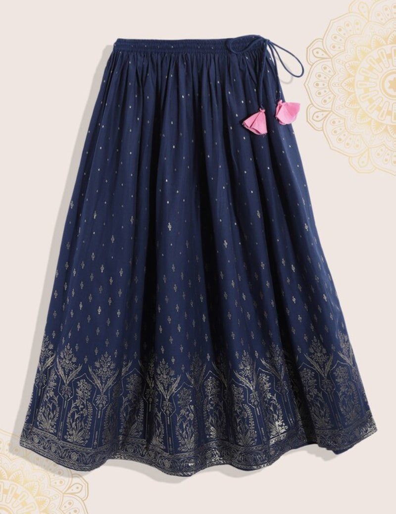 Blue Printed Cotton Kids Lehenga Set - DWEEP SARA