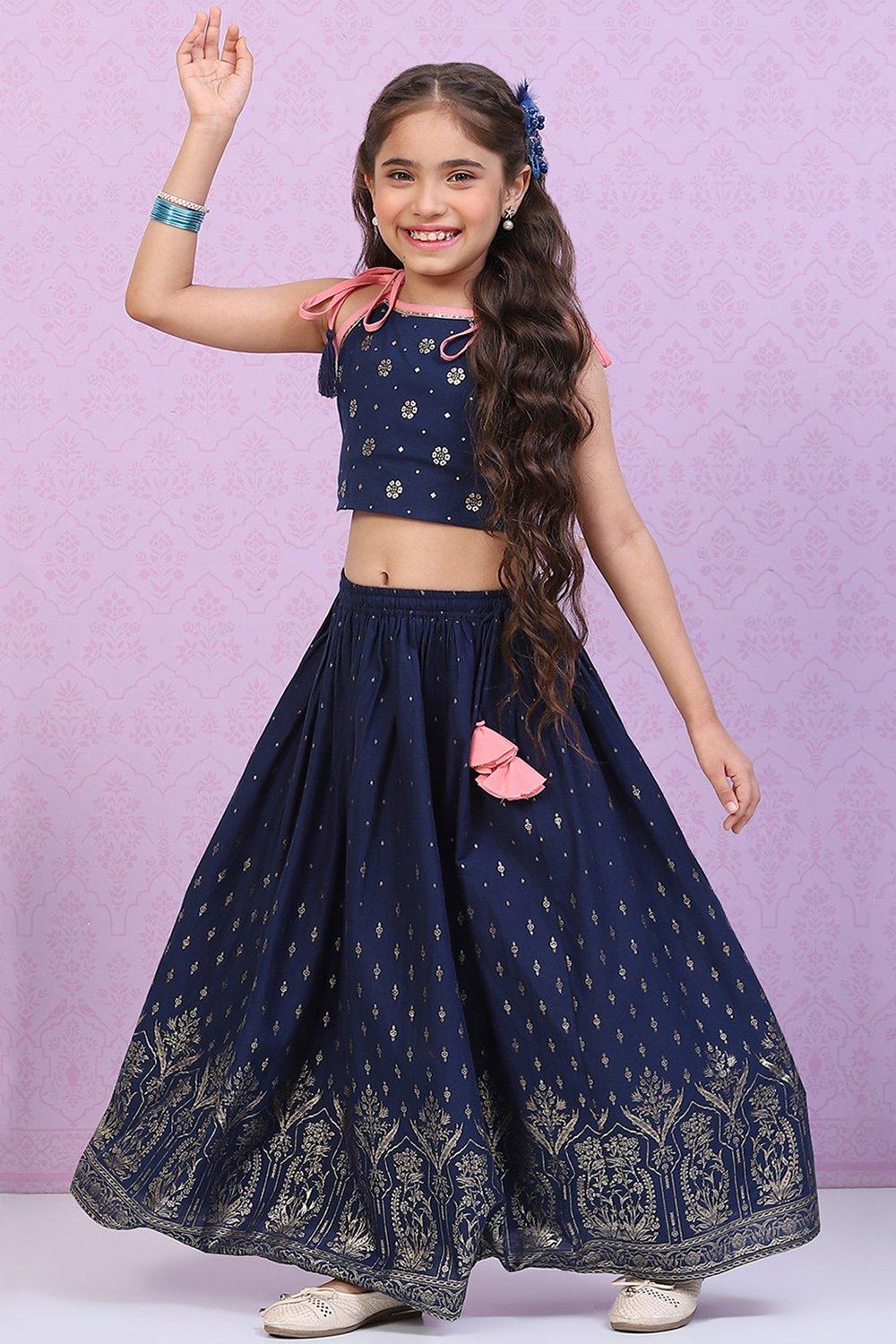 Blue Printed Cotton Kids Lehenga Set - DWEEP SARA