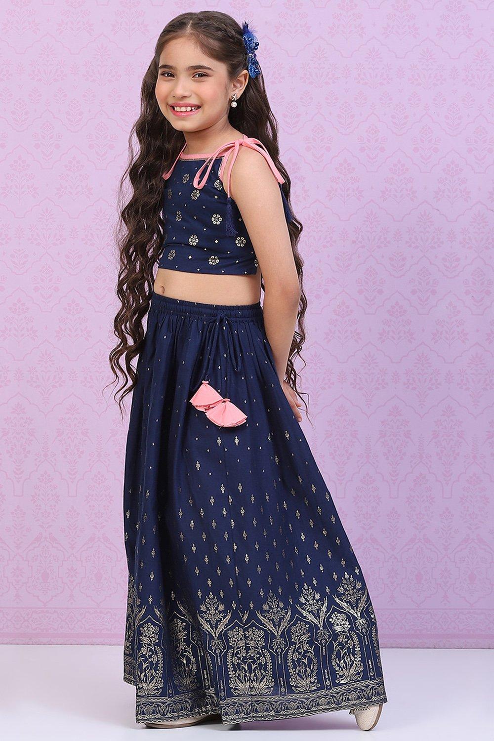 Blue Printed Cotton Kids Lehenga Set - DWEEP SARA