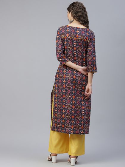 Blue & Red Printed Straight Kurta - DWEEP SARA