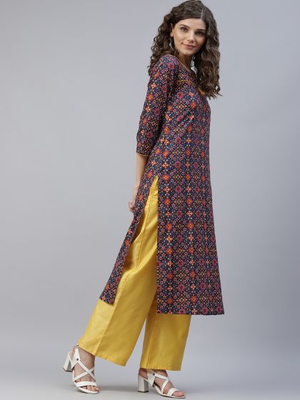 Blue & Red Printed Straight Kurta - DWEEP SARA