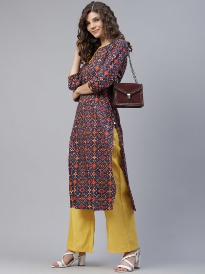 Blue & Red Printed Straight Kurta - DWEEP SARA