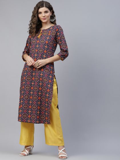 Blue & Red Printed Straight Kurta - DWEEP SARA