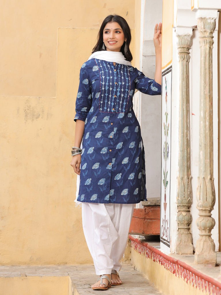 Blue & White Printed Salwar Suit Set - DWEEP SARA