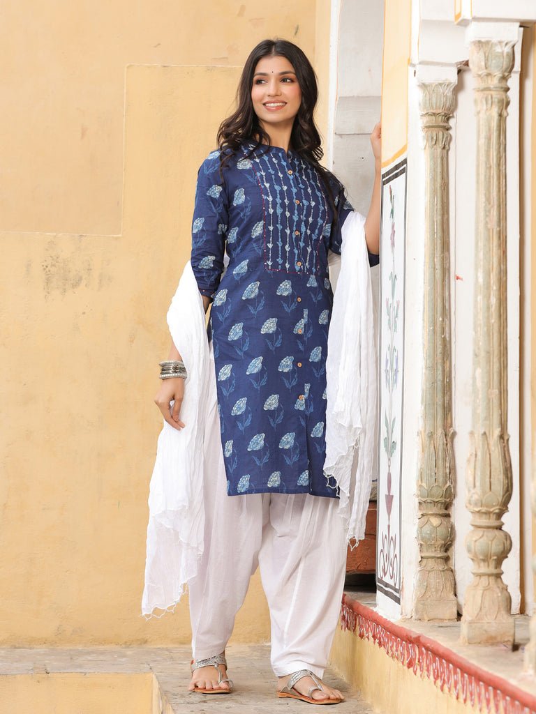 Blue & White Printed Salwar Suit Set - DWEEP SARA