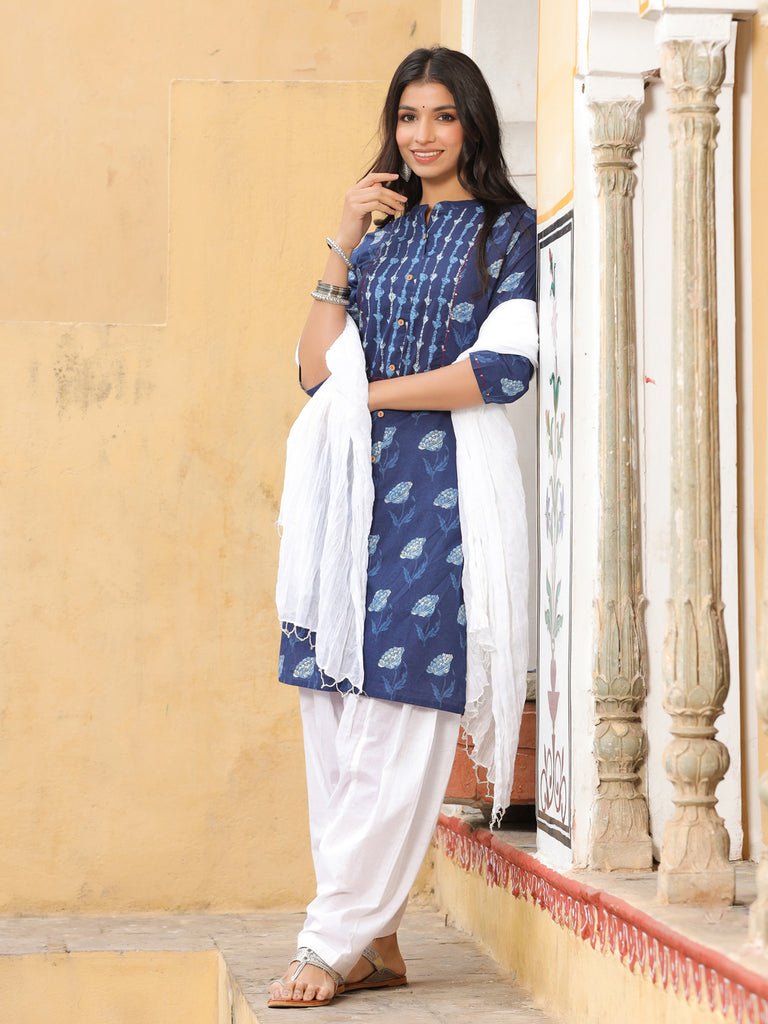 Blue & White Printed Salwar Suit Set - DWEEP SARA