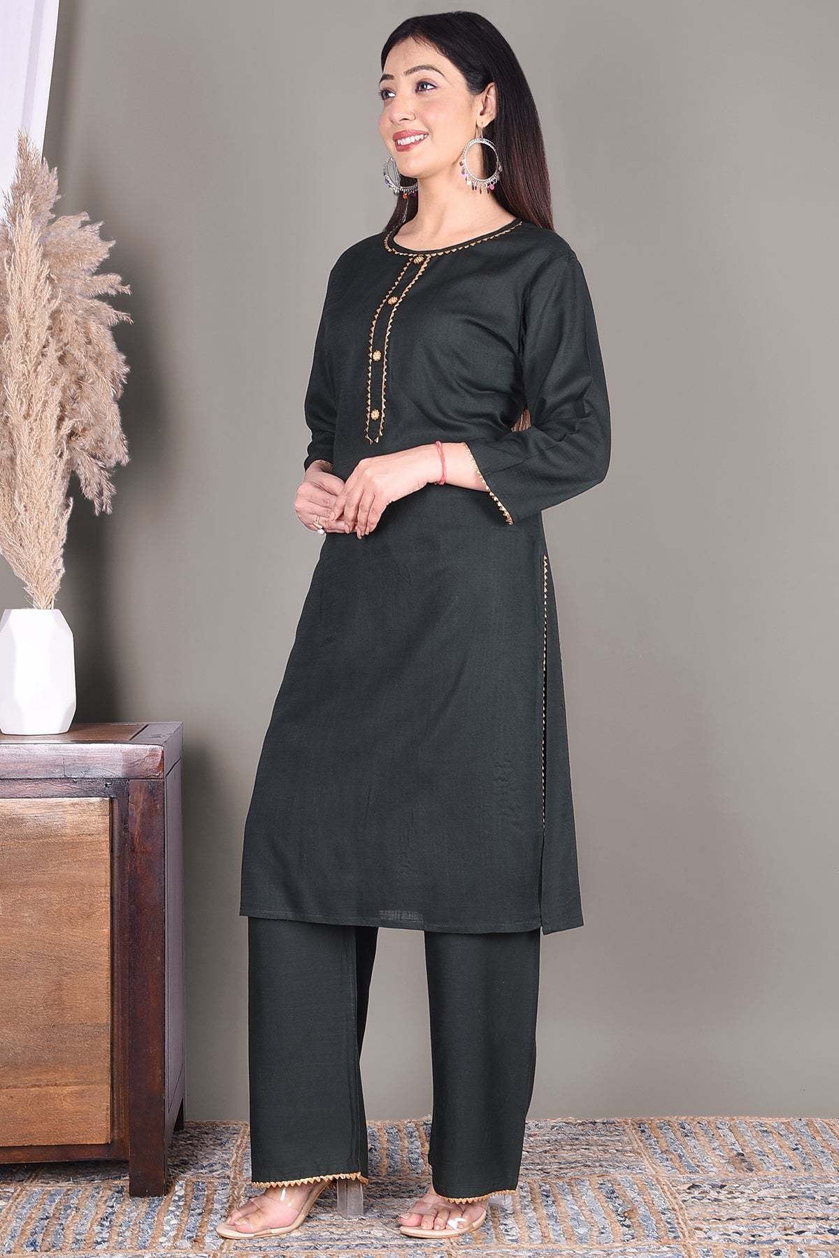 Bottle Green Solid Rayon Kurta Plazzo Set - DWEEP SARA