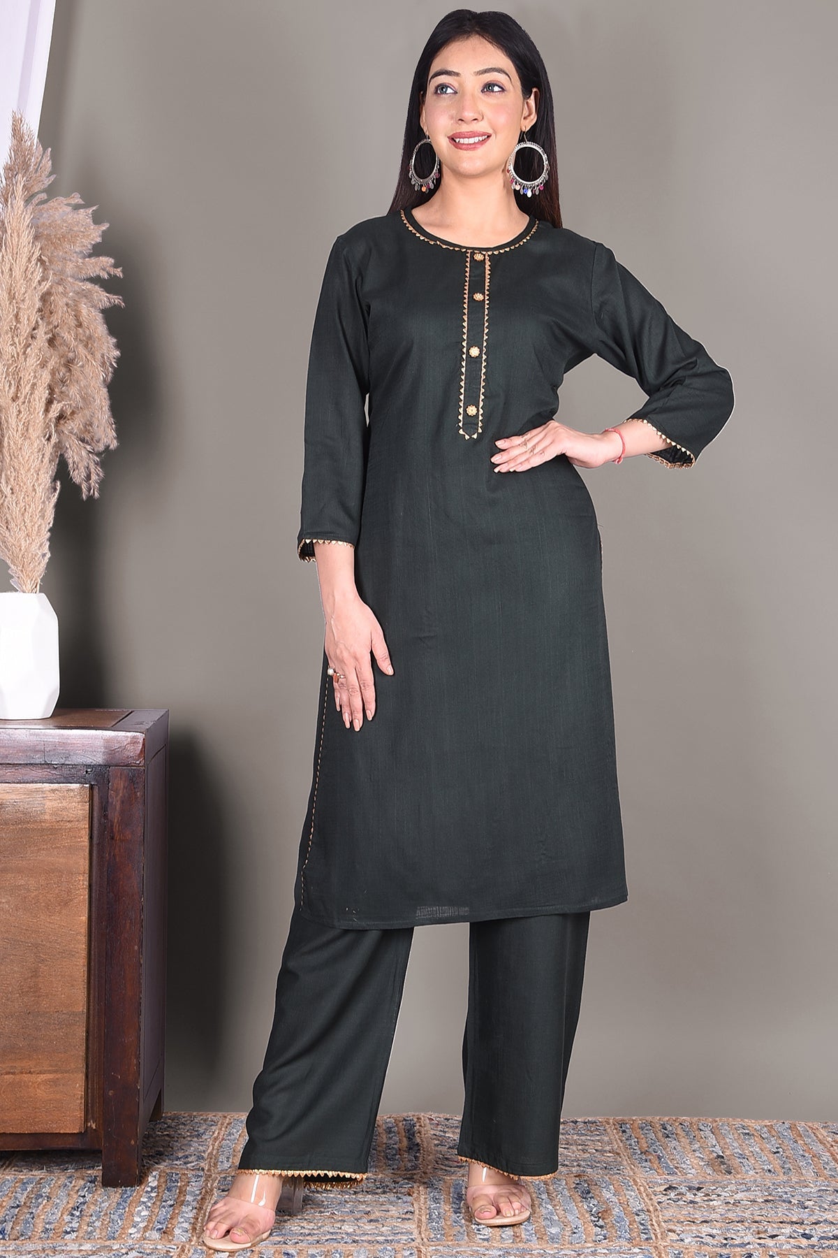 Bottle Green Solid Rayon Kurta Plazzo Set - DWEEP SARA