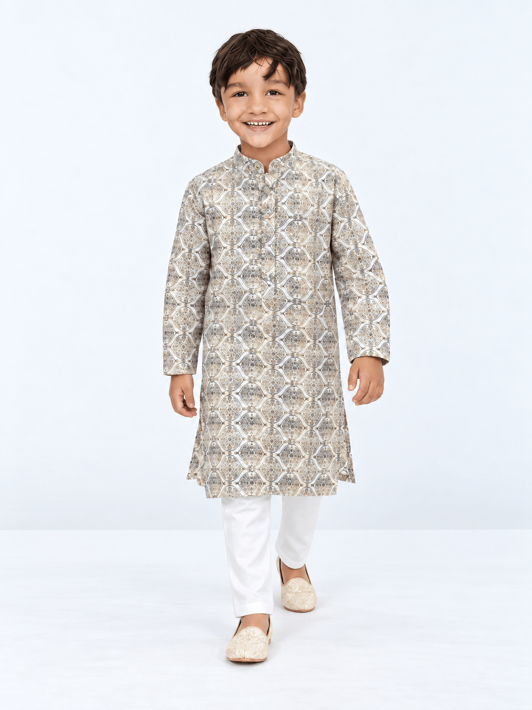 Boys’ Ivory Medallion Printed Embroidered Kurta & Straight Pant Set - DWEEP SARA