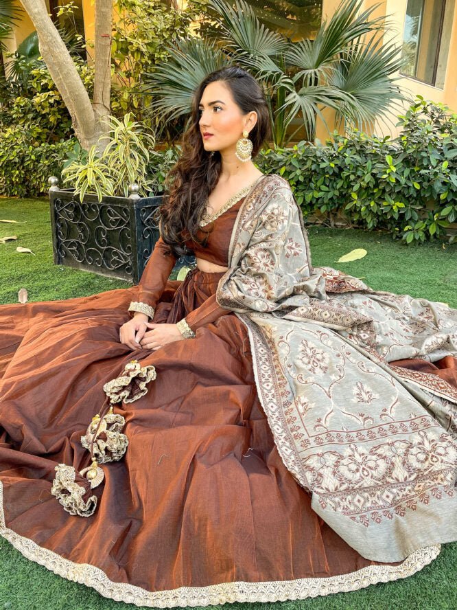 Brown Chanderi Lehenga Set - DWEEP SARA