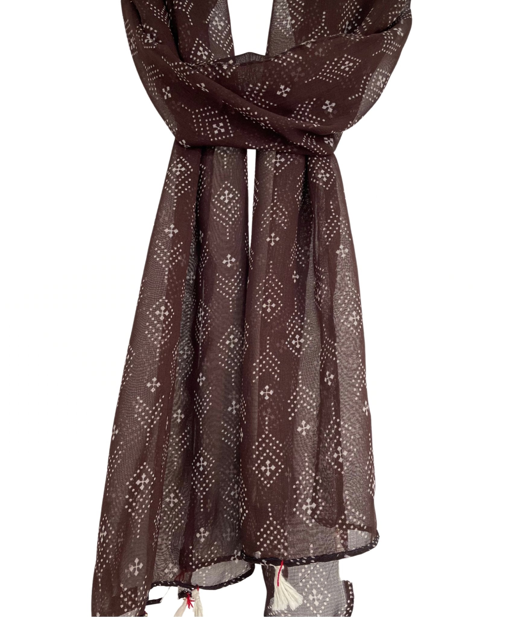 Brown Print Scarf with Tassels - DWEEP SARA