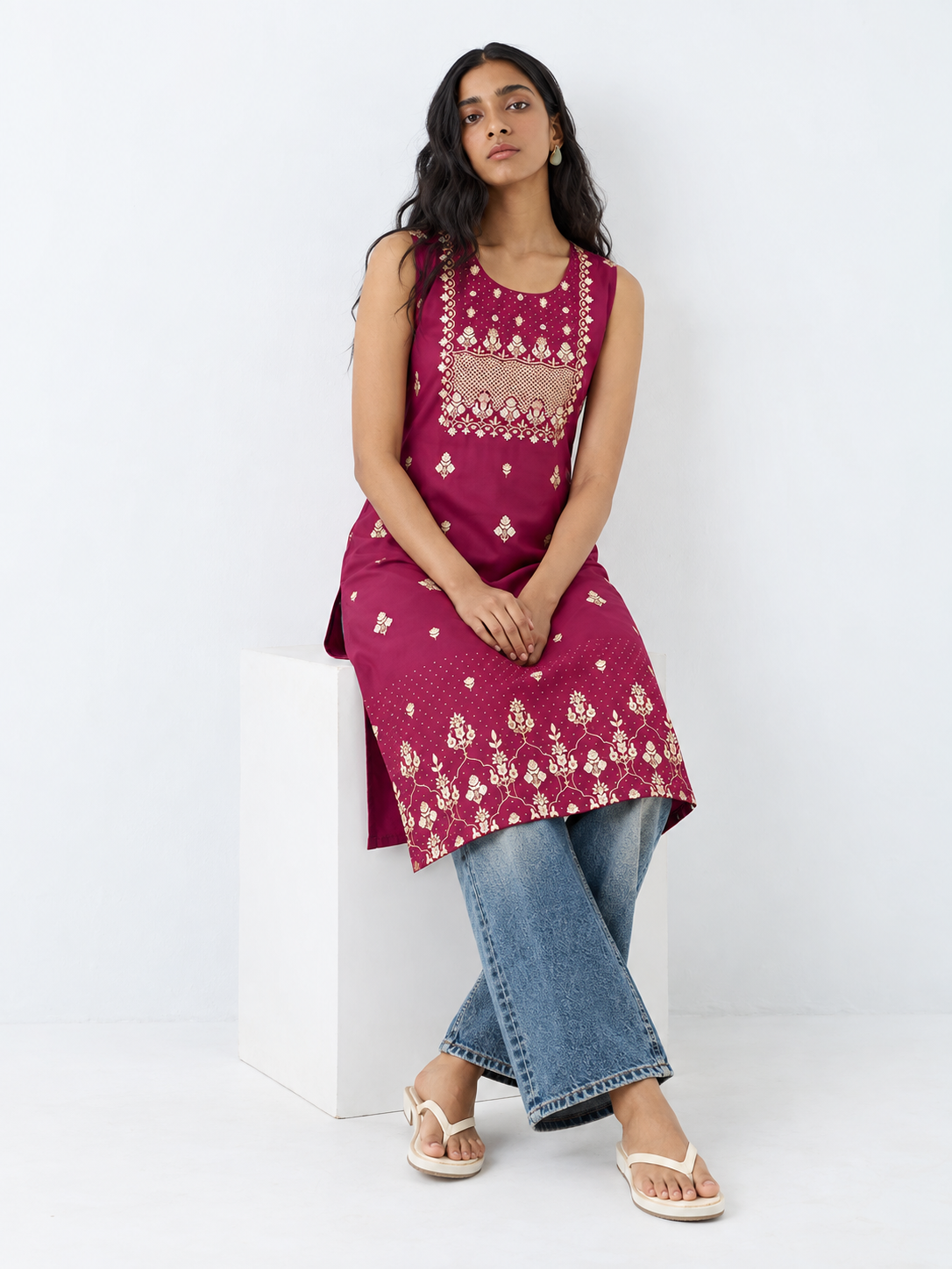 Burgundy Printed Rayon Straight Kurta with Stone Detailing