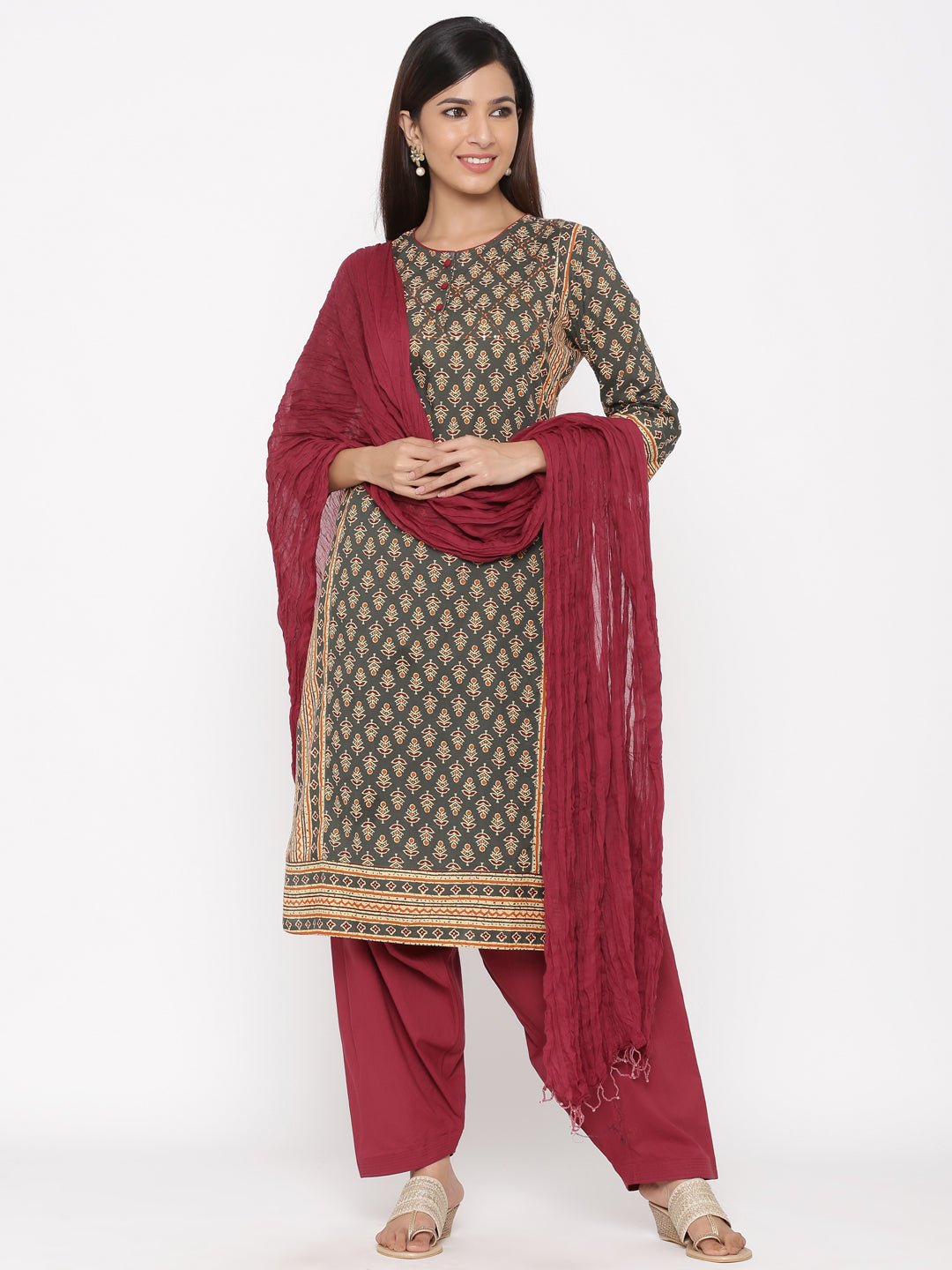 Charcoal Grey & Maroon Salwar Suit Set - DWEEP SARA