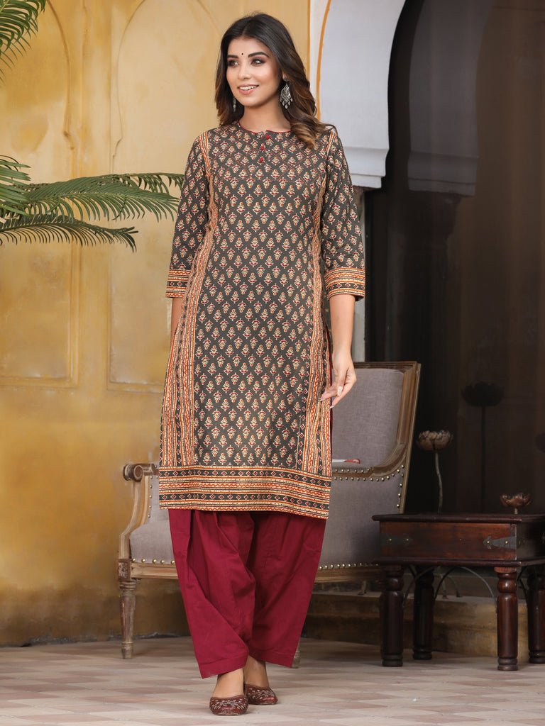 Charcoal Grey & Maroon Salwar Suit Set - DWEEP SARA