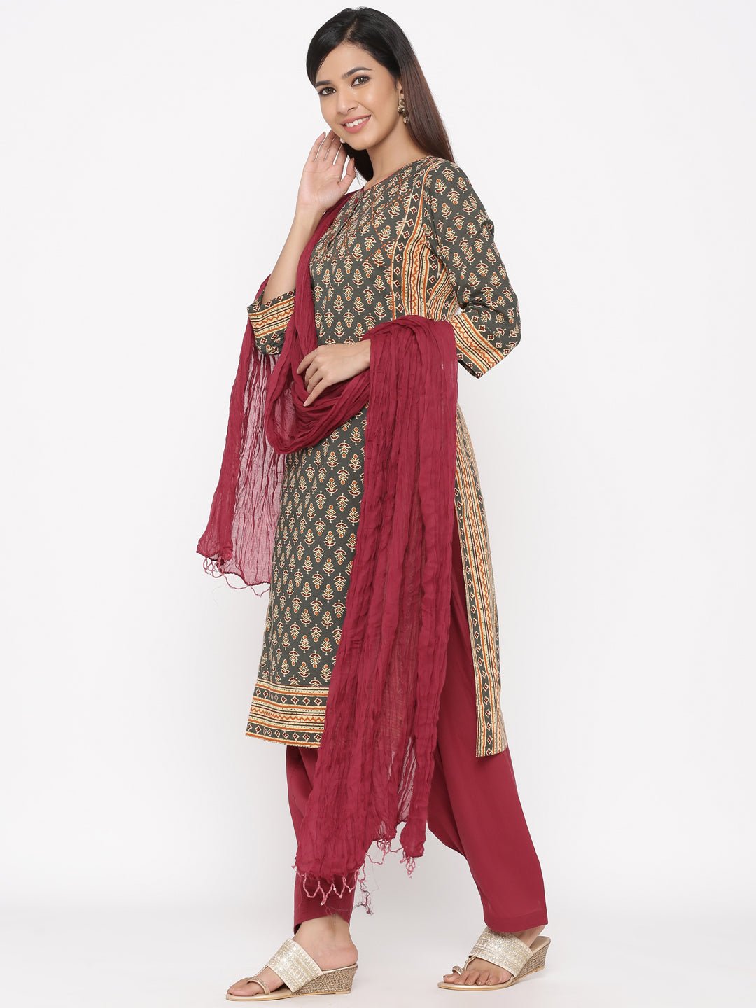 Charcoal Grey & Maroon Salwar Suit Set - DWEEP SARA