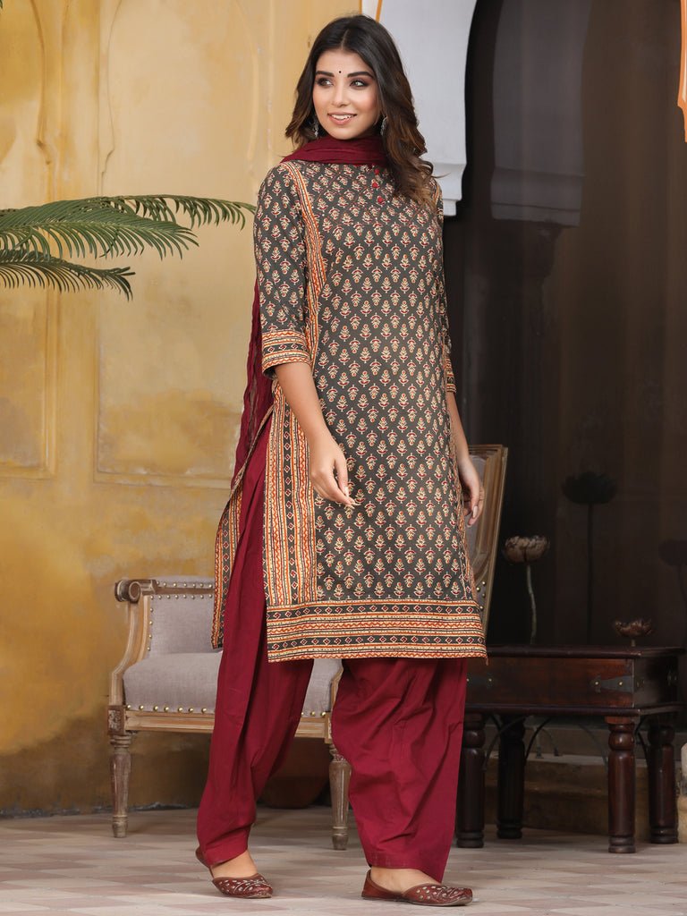 Charcoal Grey & Maroon Salwar Suit Set - DWEEP SARA