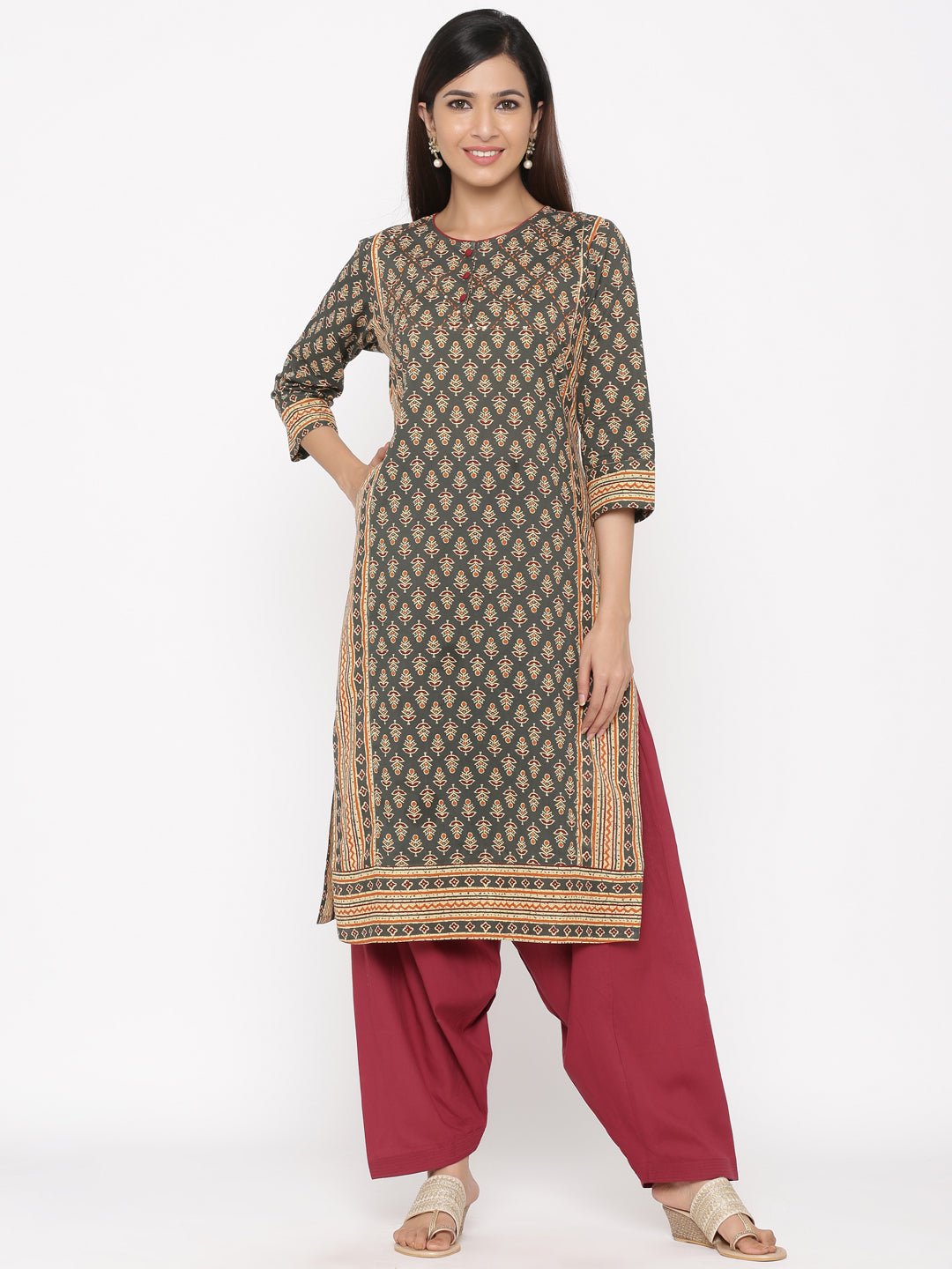 Charcoal Grey & Maroon Salwar Suit Set - DWEEP SARA