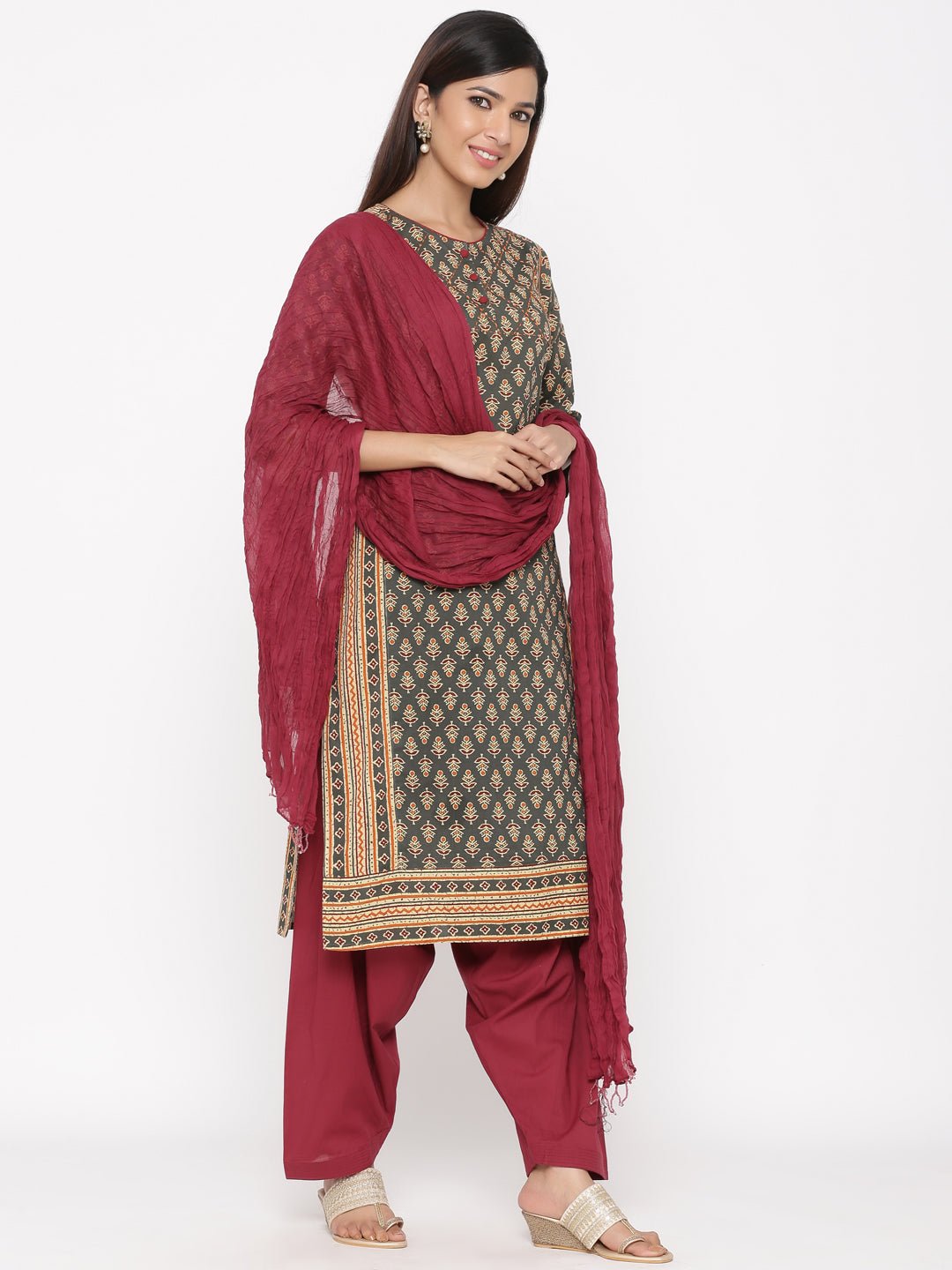 Charcoal Grey & Maroon Salwar Suit Set - DWEEP SARA