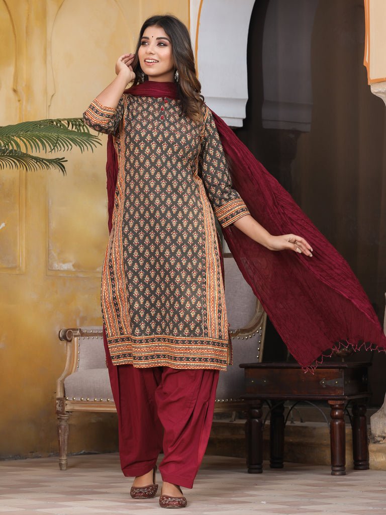 Charcoal Grey & Maroon Salwar Suit Set - DWEEP SARA