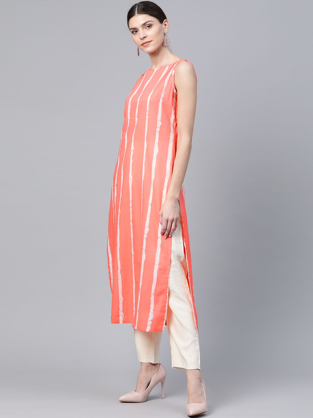 Coral Orange & White Leheriya Print Kurta - DWEEP SARA