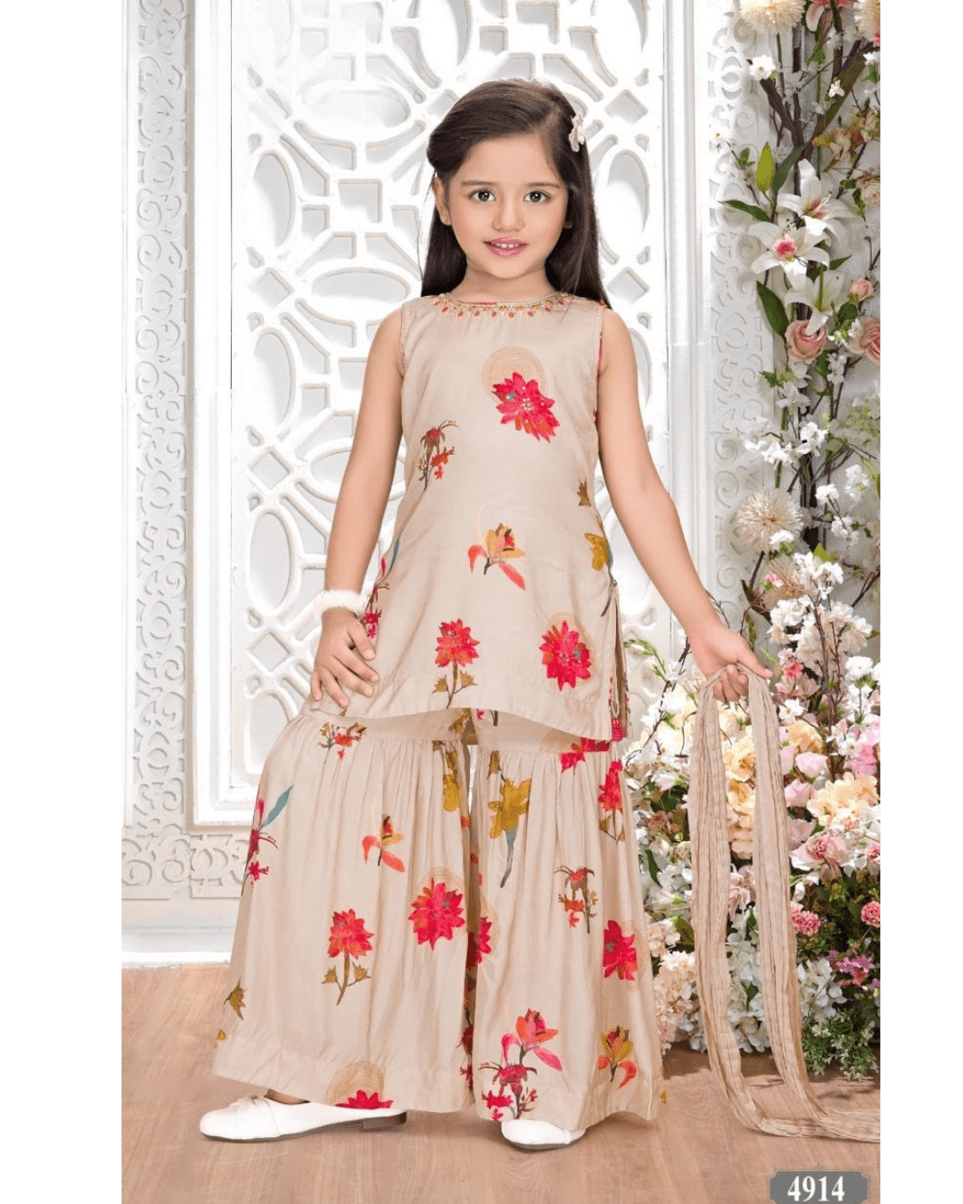 Cream Floral Kurti with Sharara Set for Girls – Festive & Party Wear (4914) - DWEEP SARA