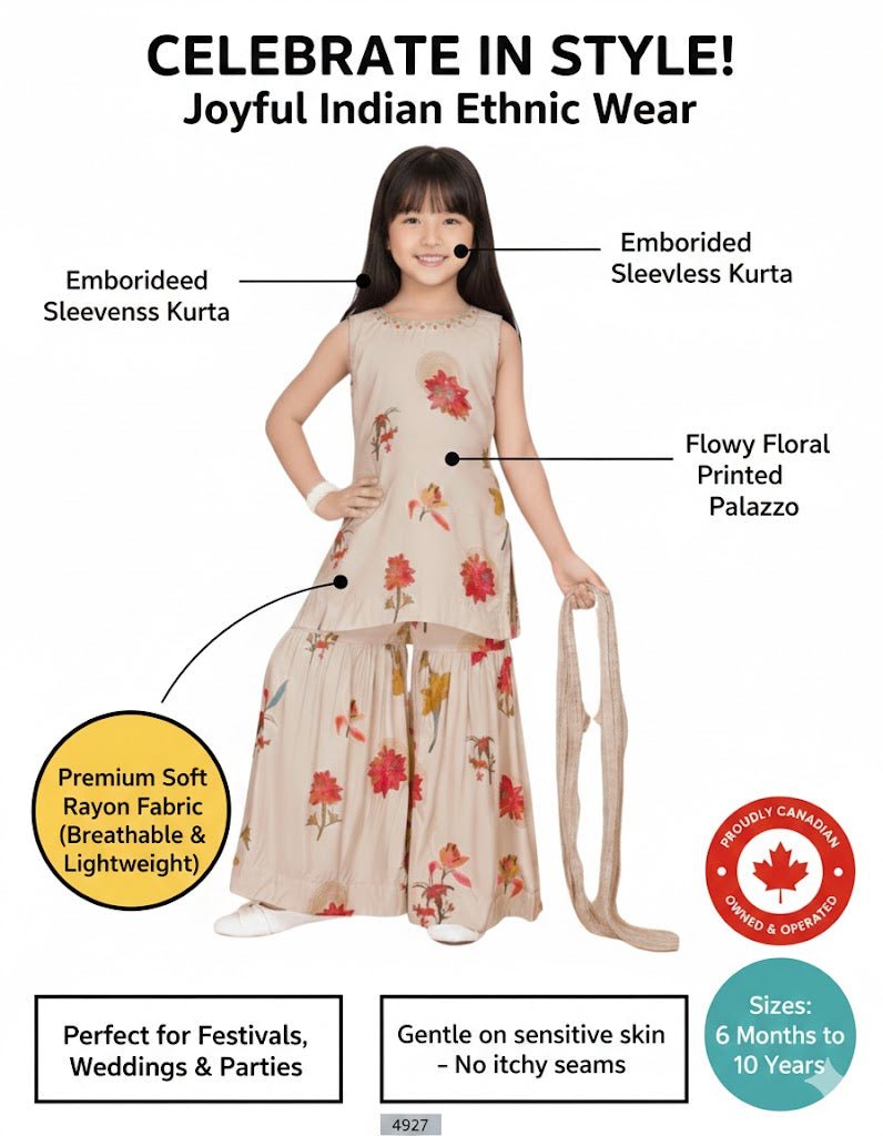 Cream Floral Kurti with Sharara Set for Girls – Festive & Party Wear (4914) - DWEEP SARA