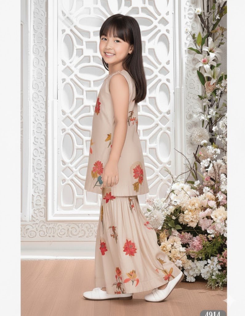 Cream Floral Kurti with Sharara Set for Girls – Festive & Party Wear (4914) - DWEEP SARA