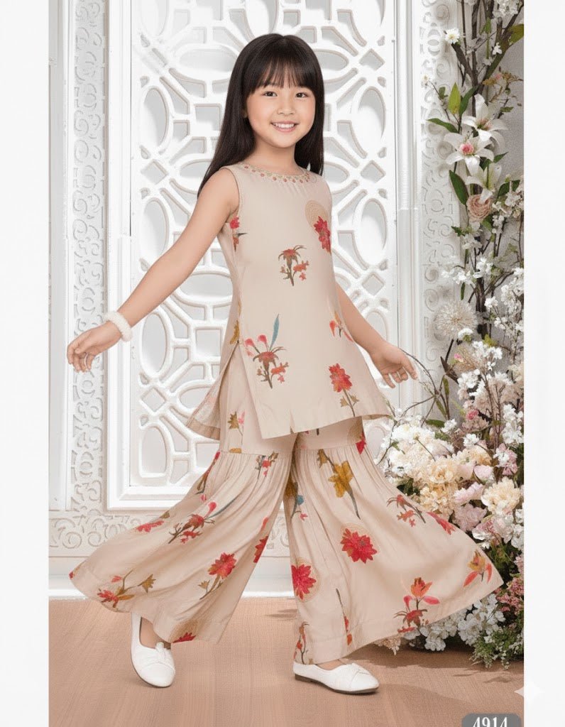 Cream Floral Kurti with Sharara Set for Girls – Festive & Party Wear (4914) - DWEEP SARA