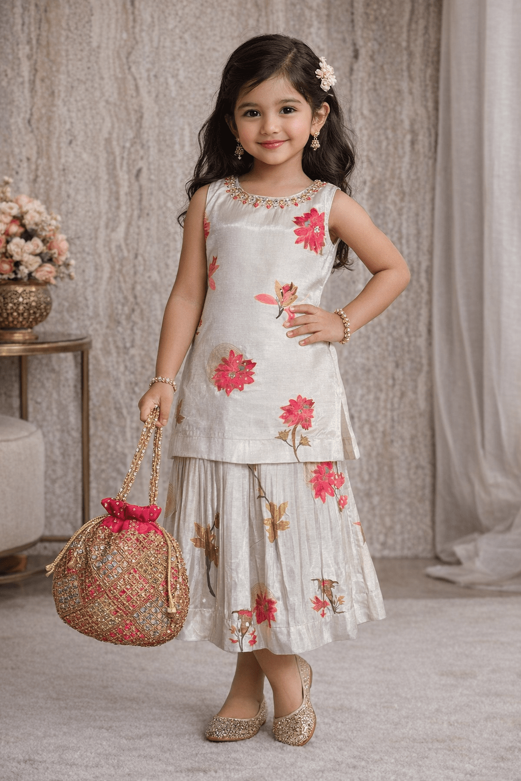 Cream Floral Kurti with Sharara Set for Girls – Festive & Party Wear (4914) - DWEEP SARA