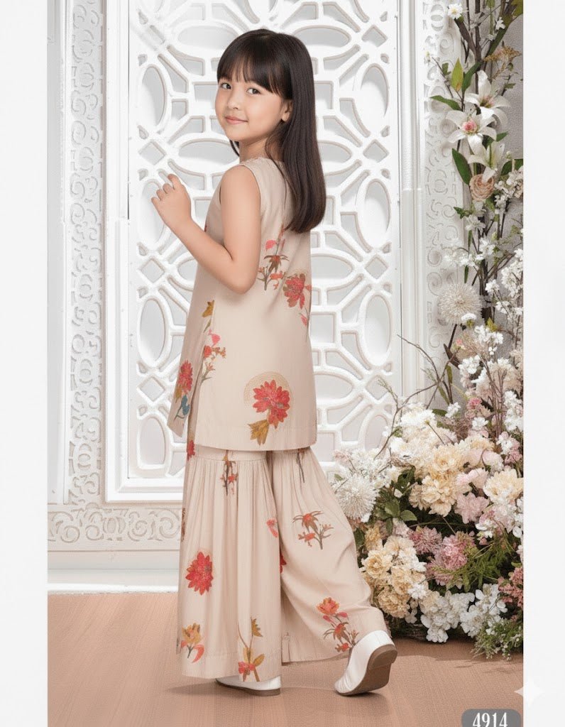 Cream Floral Kurti with Sharara Set for Girls – Festive & Party Wear (4914) - DWEEP SARA
